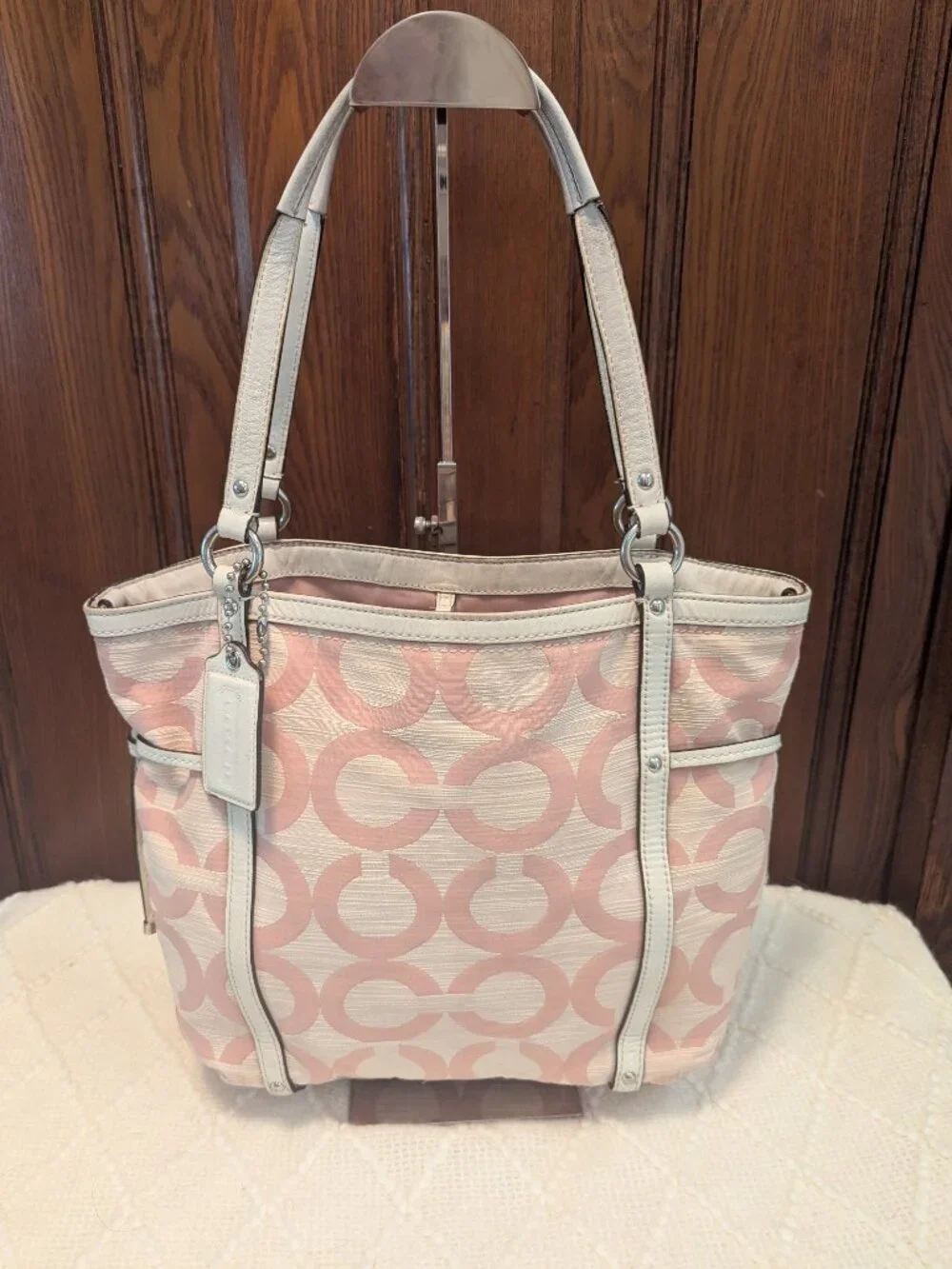 Coach Audrey Op Art Shantung Signature Pink & White Tote Crossbody 19572